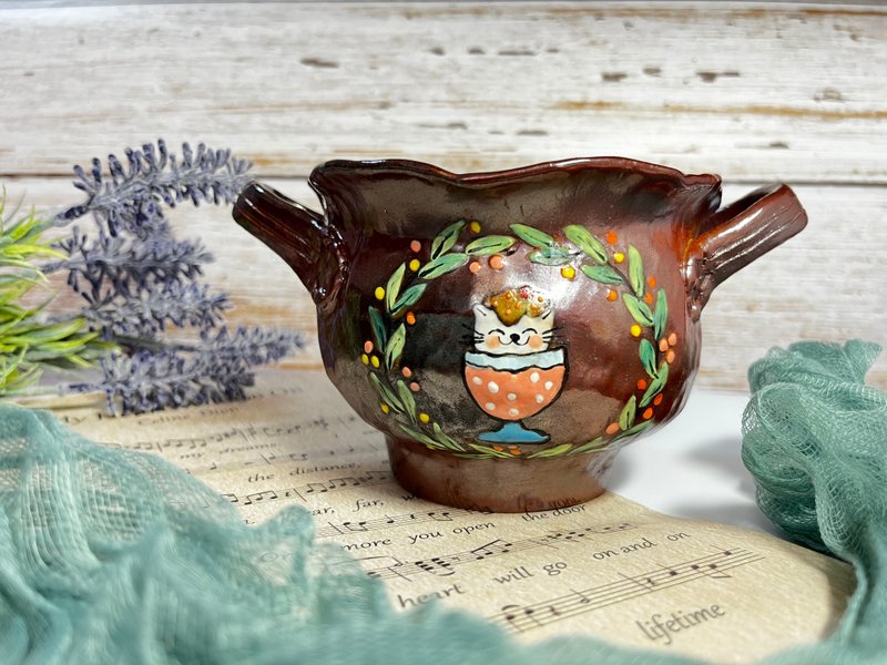 手作 手捏陶 柴烧 釉上彩造型陶碗 沙拉碗 点心碗 生活陶 - 碗 - 陶 咖啡色