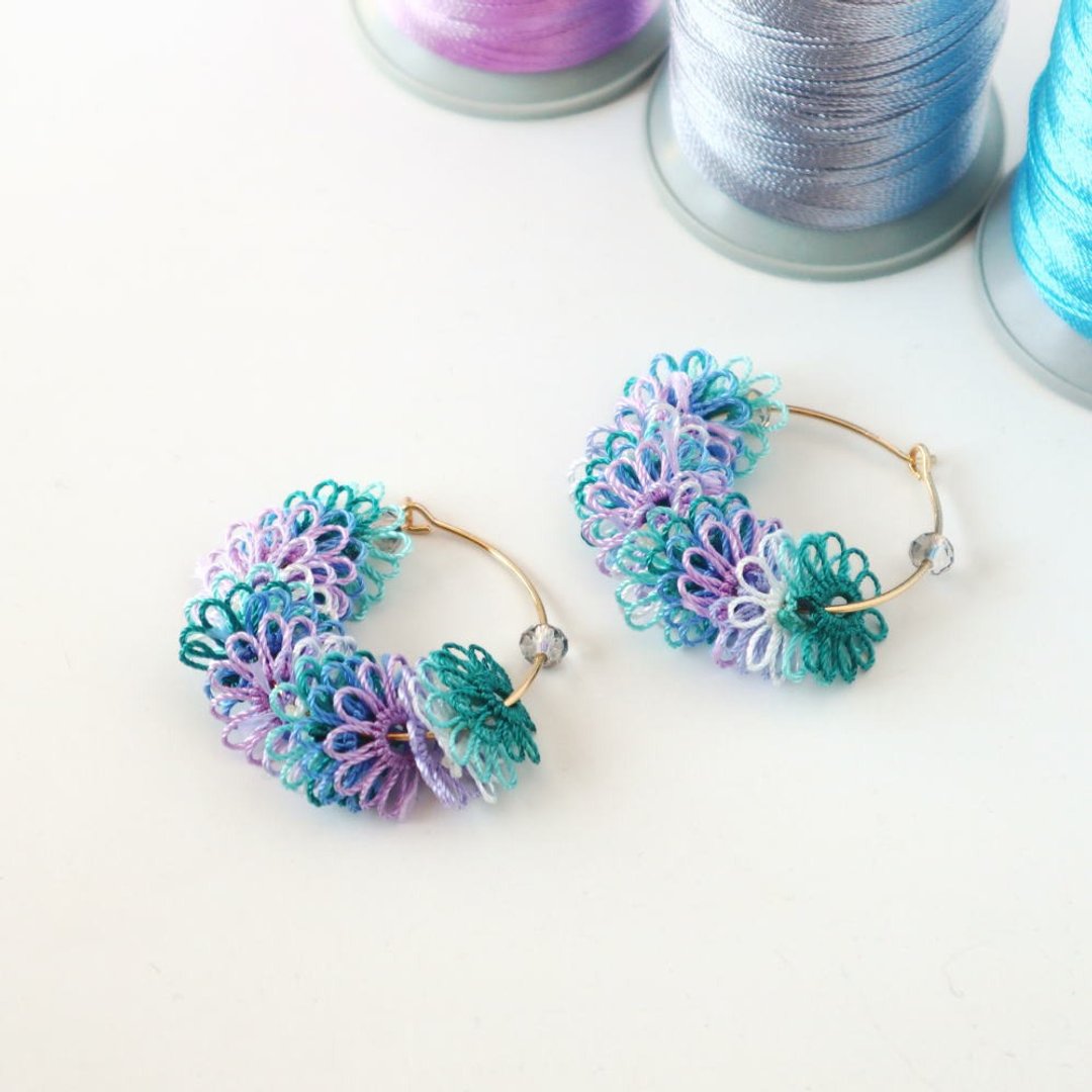 Tatting Lace 耳环【Mille-feuille】水蓝色 - 耳环/耳夹 - 其他人造纤维 蓝色
