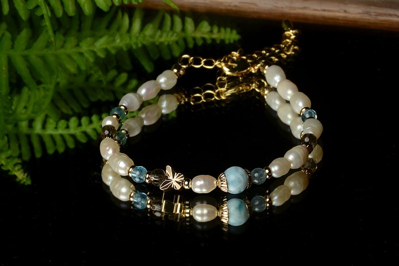 【神山晶礦】輕躍浪花/拉利瑪/珍珠//藍磷灰/茶晶 - 手链/手环 - 水晶 蓝色