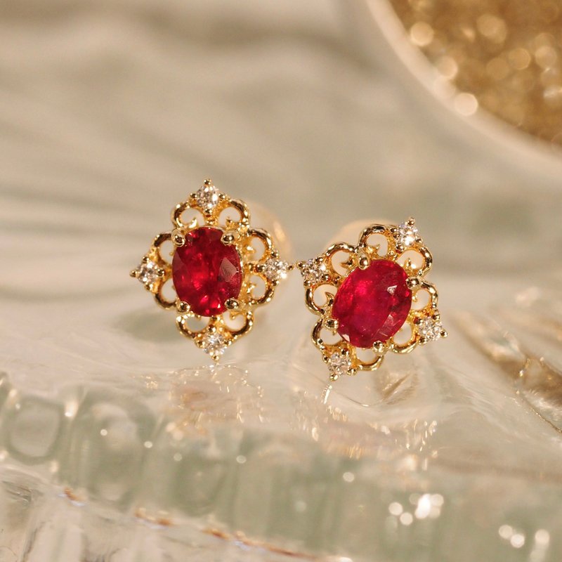 18K金鸽血红宝石花宫耳环 18K Gold Pigeon Blood Ruby Floral Pa - 耳环/耳夹 - 贵金属 