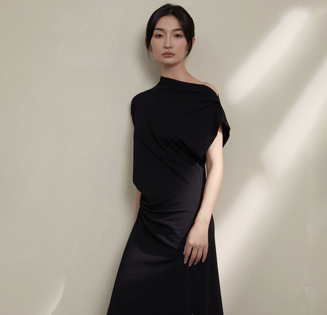 【棉质肌理】新中式复古 针织露肩/修身开叉晚礼服 - 洋装/连衣裙 - 棉 黑色