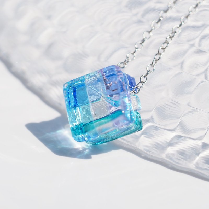 【39感谢】疗愈系蓝色方块玻璃项链 可改扩香 接单制作 - 项链 - 玻璃 蓝色