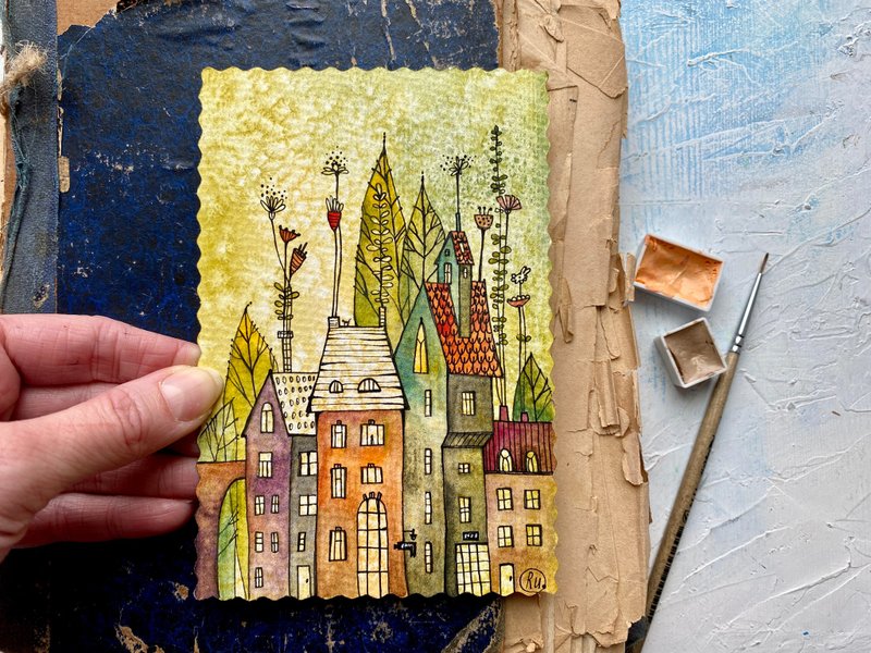 Spring city painting Mini Original watercolor card Small artwork Miniature art - 海报/装饰画/版画 - 纸 绿色