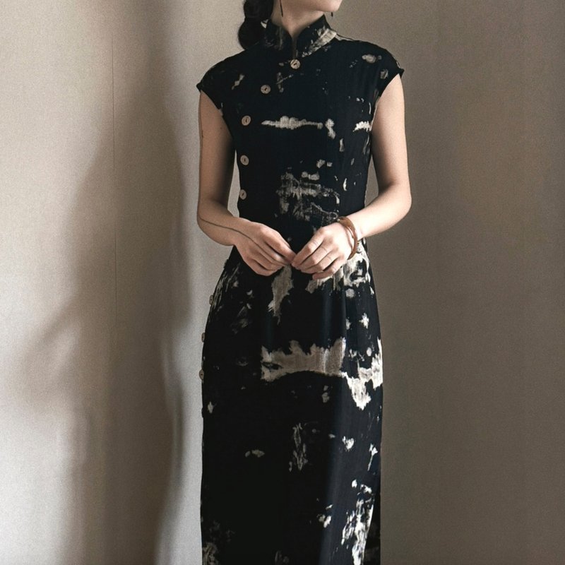 新中式复古 扎染紧身改良旗袍 - 洋装/连衣裙 - 其他材质 黑色