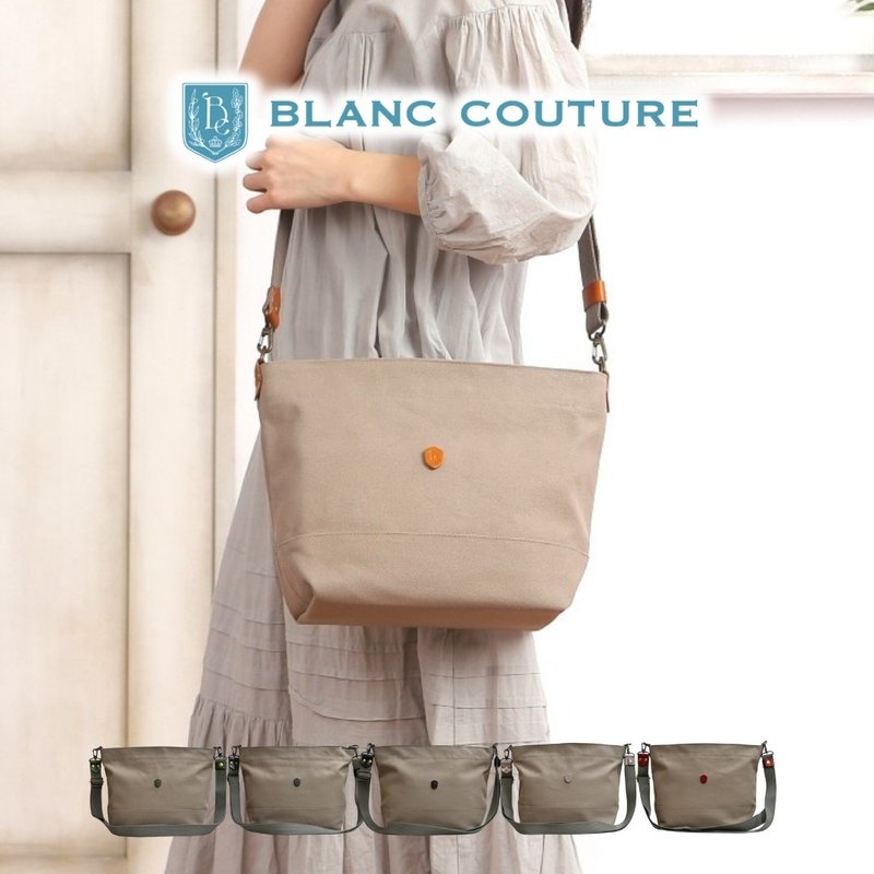 帆布斜背包 M号 燕麦米色 × 真皮提把 - 侧背包/斜挎包 - 棉．麻 黑色