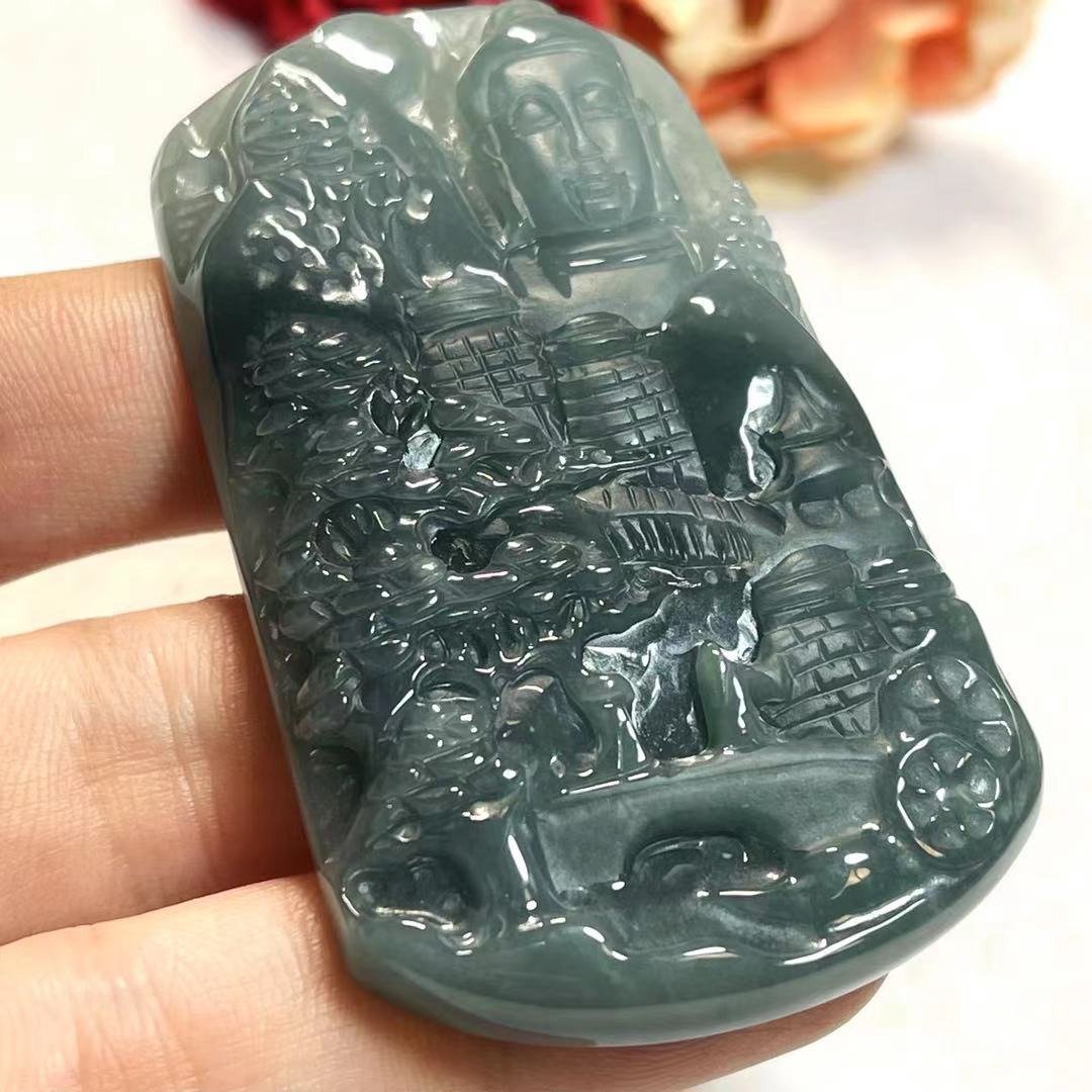 多宝晶石/天然翡翠A货威料蓝水释迦牟尼佛/佛陀/山水/如来/附证书 - 项链 - 玉石 蓝色