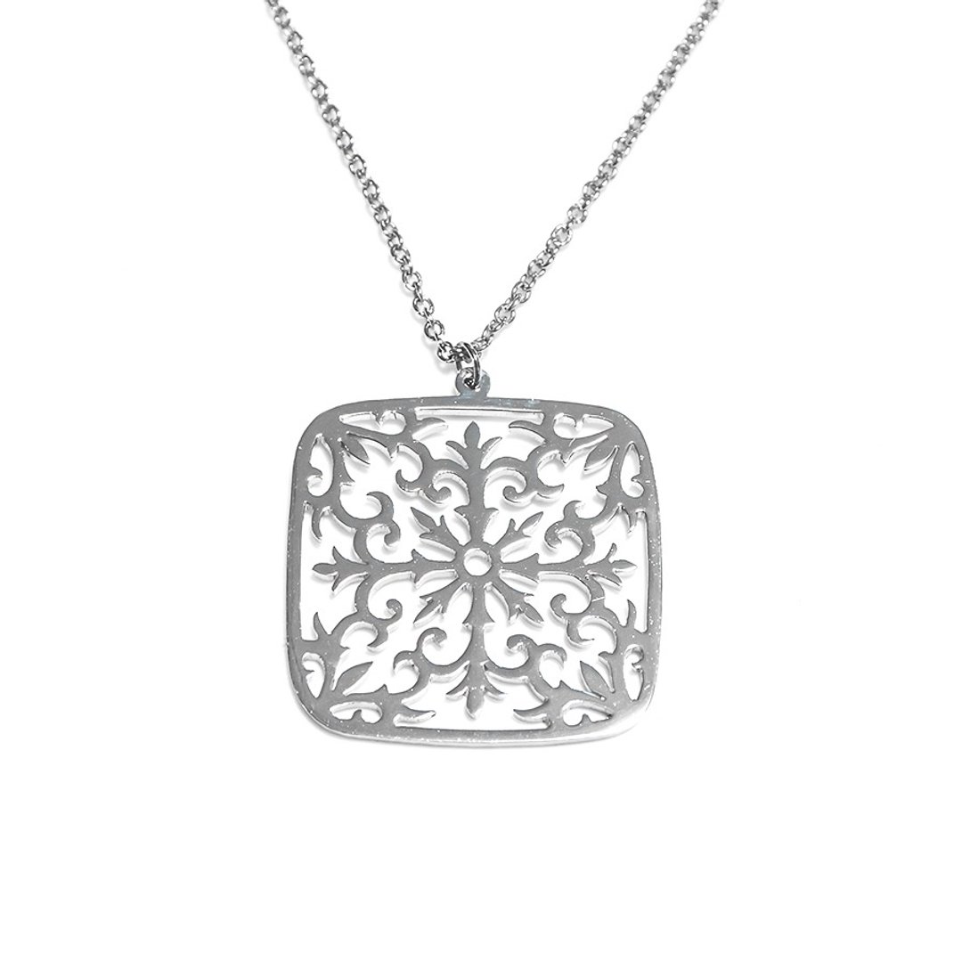 Decorative pattern in square shape pendant - 项链 - 其他金属 银色