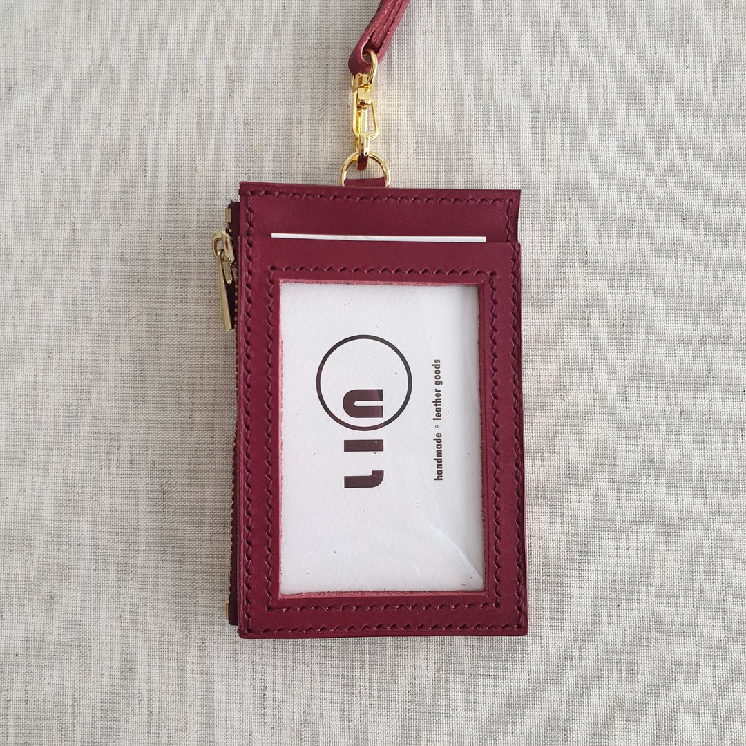 。LIN leather。手工皮件 证件套 识别证套 拉链包 酒红色 - 证件套/卡套 - 真皮 红色