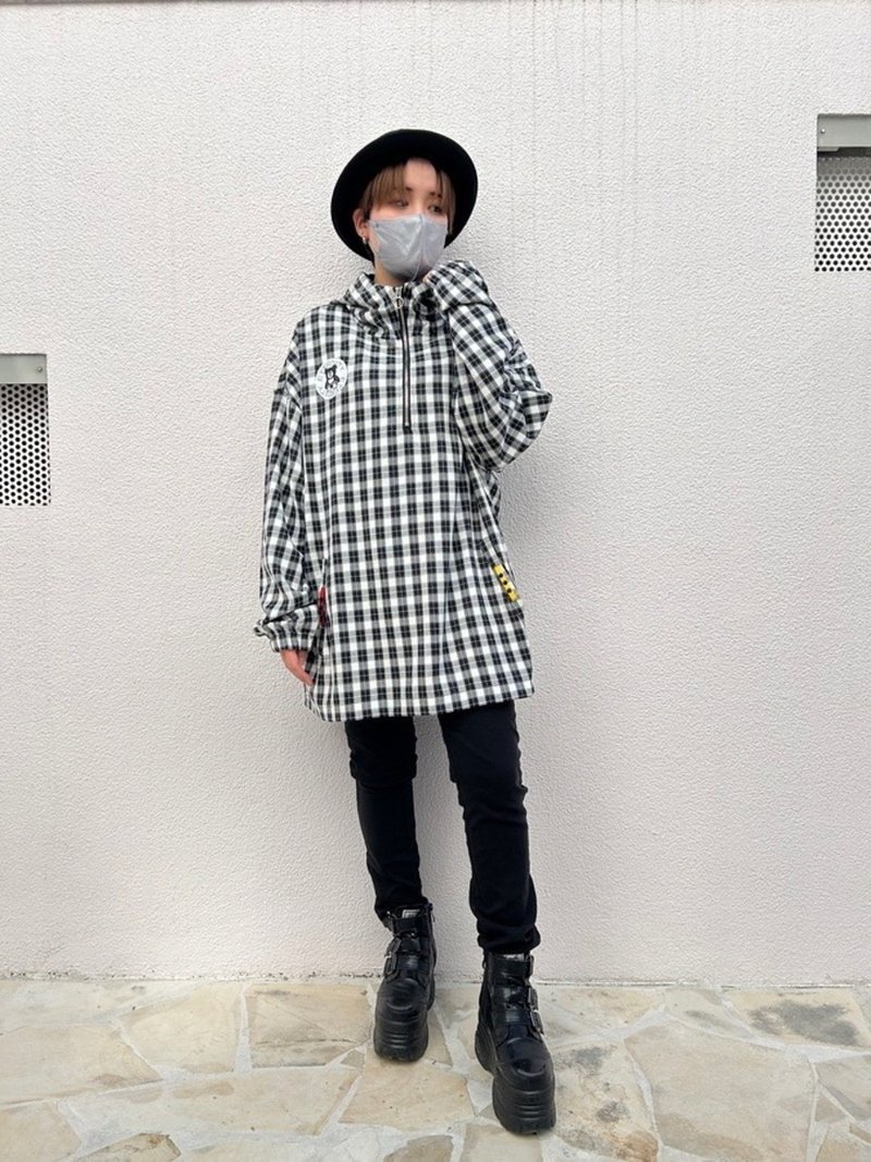 格纹拉链连帽衫/黑色/白色/F尺寸/hellcatpunks/hcp-pk-0064 - 女装上衣 - 棉．麻 黑色