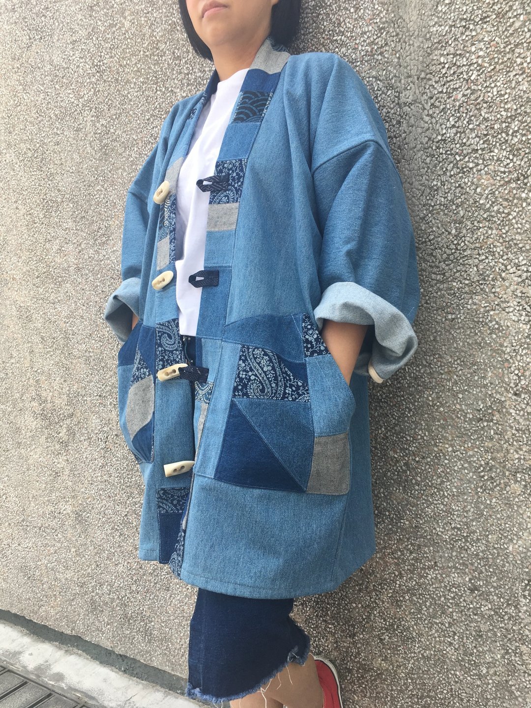 Denim Patchwork Kimono 牛仔拼布外套  野良着 和服外套 - 男装外套 - 棉 蓝色