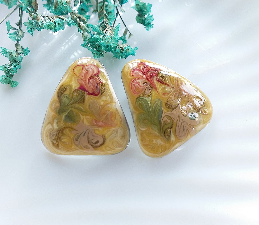 Vintage Jewelry 西洋古董饰品 粉黄拉花 夹式耳环 - 耳环/耳夹 - 其他金属 金色