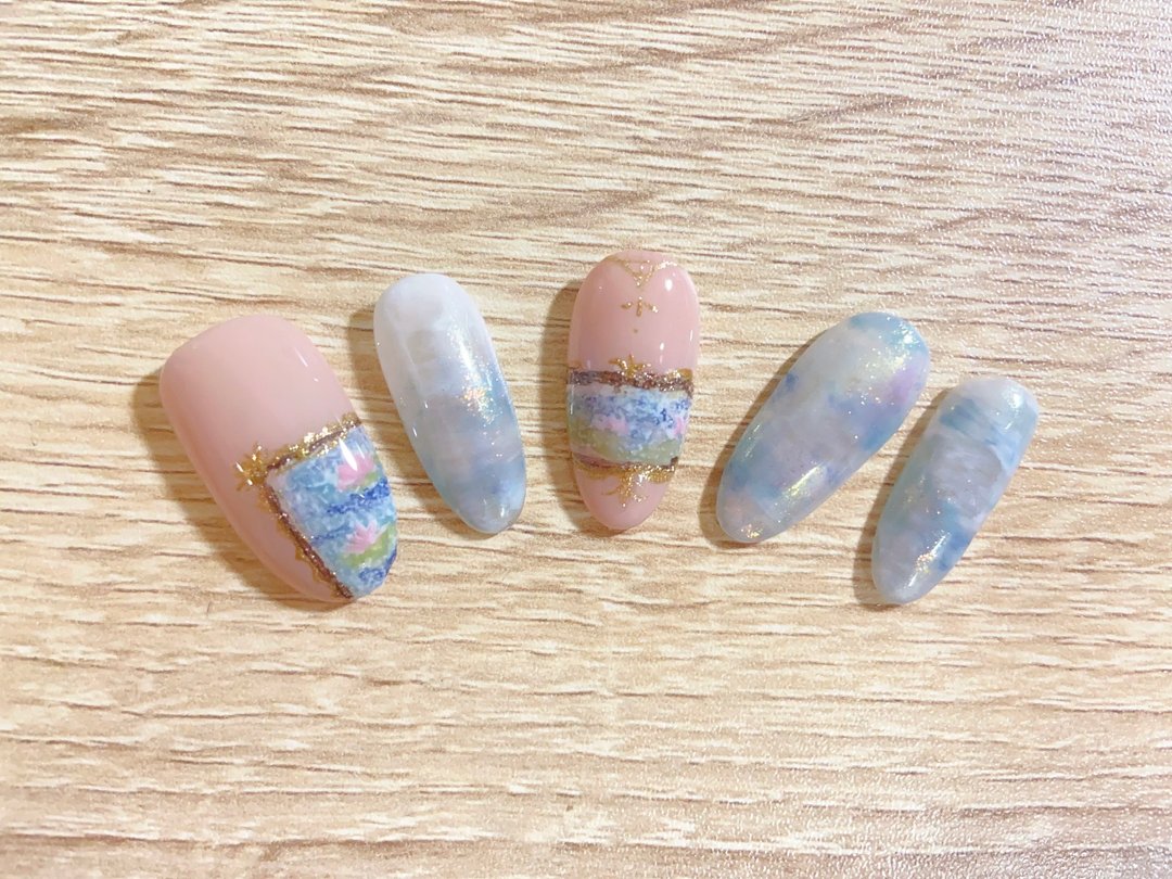 惊鸿一瞥|穿戴甲|纯手绘|湖上晨曦|美术馆画框油画风美甲| - 其他 - 树脂 粉红色