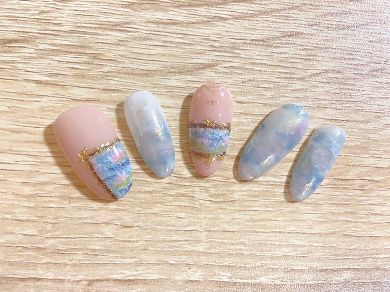 惊鸿一瞥|穿戴甲|纯手绘|湖上晨曦|美术馆画框油画风美甲| - 其他 - 树脂 粉红色