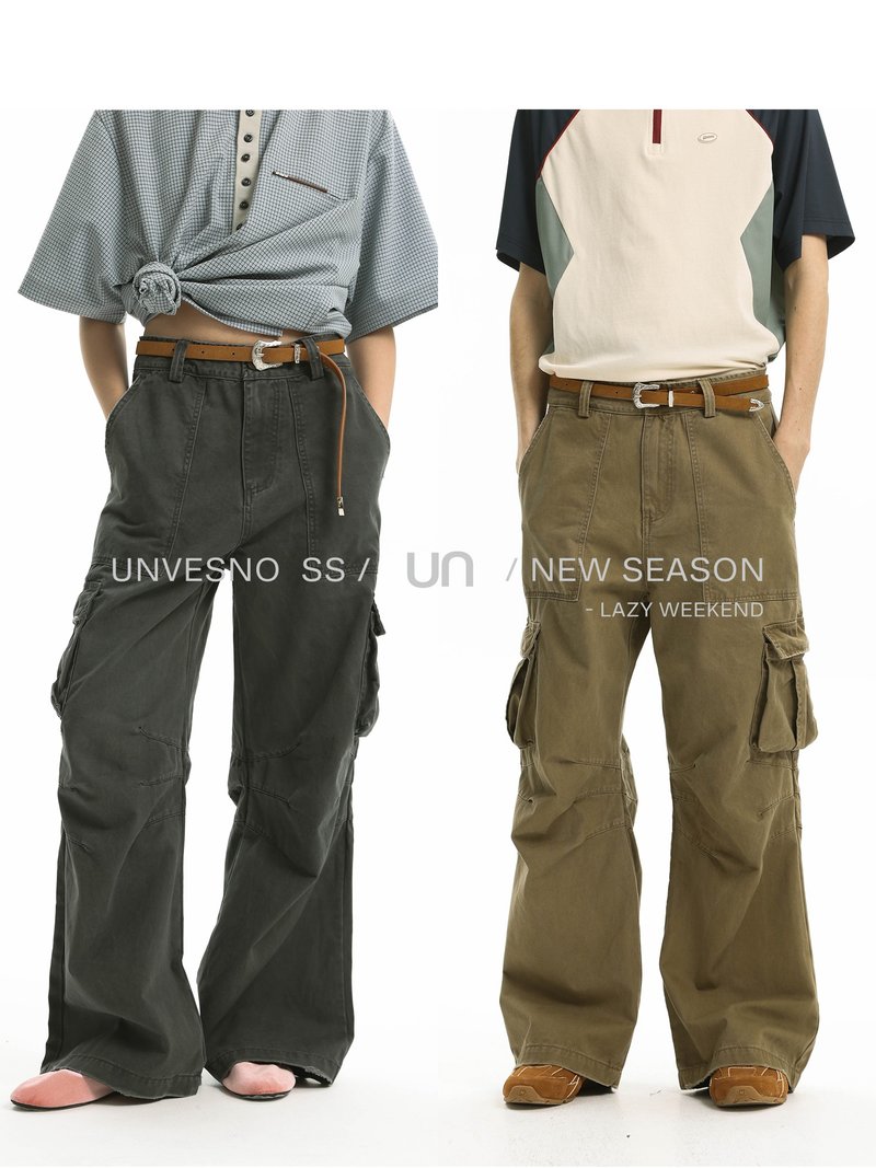 Unvesno(UN)废土风洗褪磨边多口袋阔腿裤膝盖三叉收褶微喇工装裤 - 男士长裤 - 棉．麻 