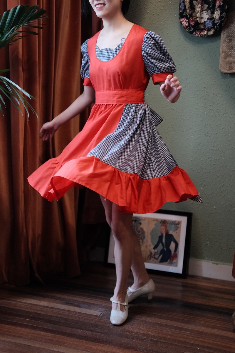 Vintage dress美产拼布植绒碎花格纹方块舞连衣裙洋装复古舞裙 - 洋装/连衣裙 - 棉．麻 