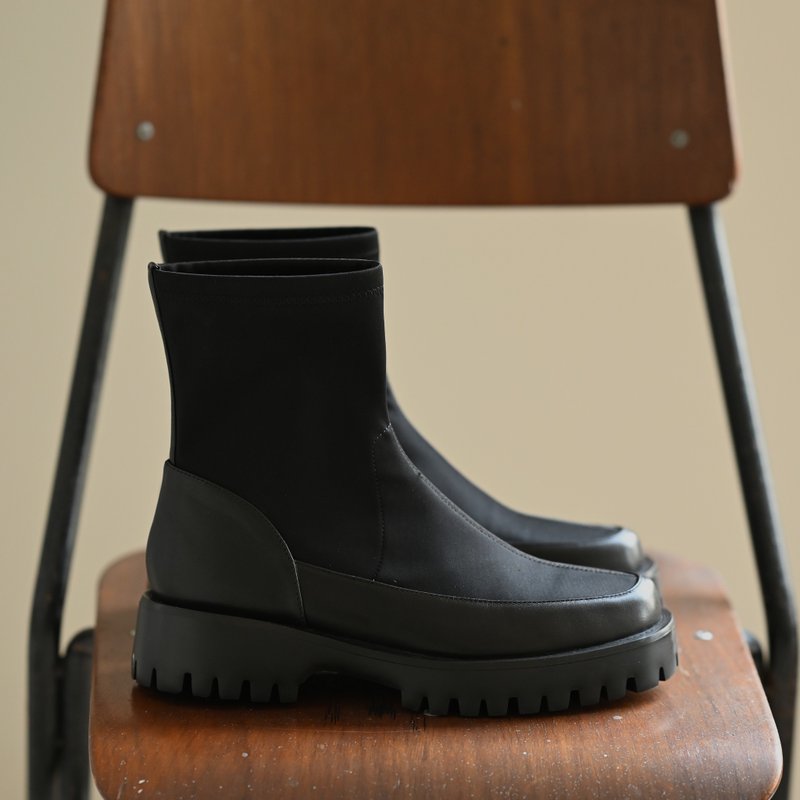 牛皮拼接弹性织布-军风短靴-棕色 - 女款短靴 - 真皮 咖啡色