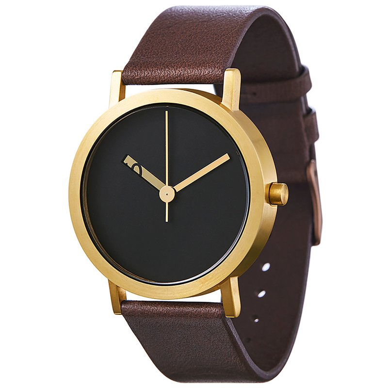 Extra Normal时间唱盘表 - 金框/金指针/咖啡色真皮牛皮表带 - 对表/情侣表 - 真皮 咖啡色