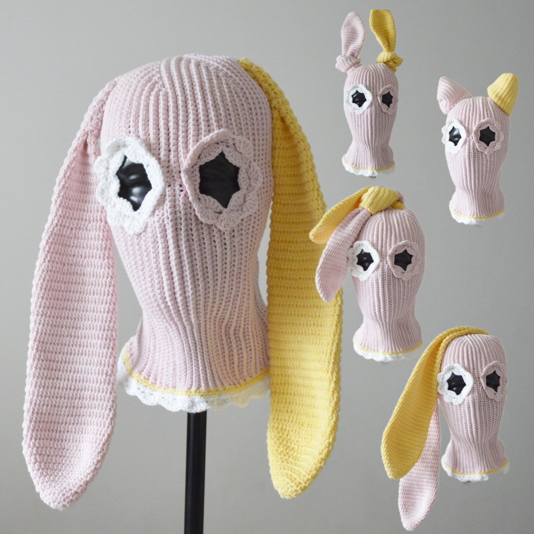 Custom pink bunny crochet balaclava Knit cute hat two holes ski mask with ears - 帽子 - 棉 粉红色