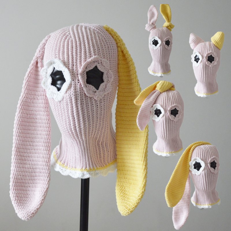 Custom pink bunny crochet balaclava Knit cute hat two holes ski mask with ears - 帽子 - 棉．麻 粉红色