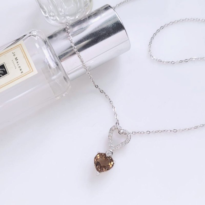 心相印。7X7mm雪莉棕 碧玺(电气石)双心925银墬链 - 项链 - 纯银 咖啡色