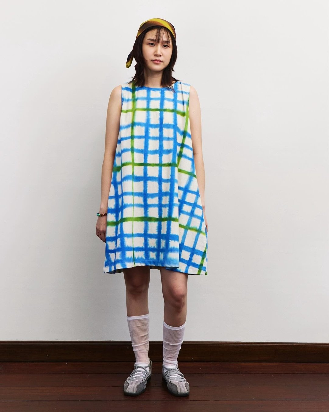 Watercolor Check Vest Mini Dress - 洋装/连衣裙 - 棉 蓝色