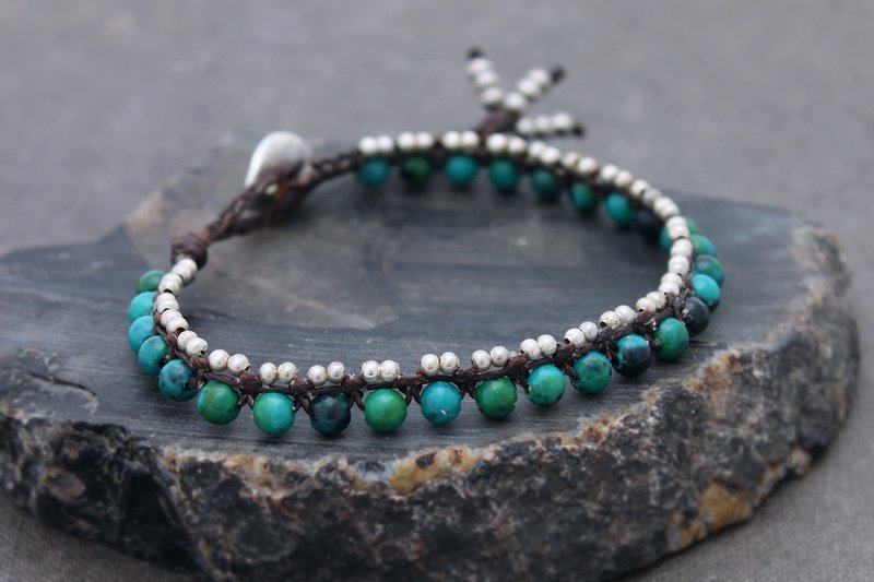 编织手链Macrame串珠银石Chrysocolla大尺寸男士女士中性 - 手链/手环 - 半宝石 绿色