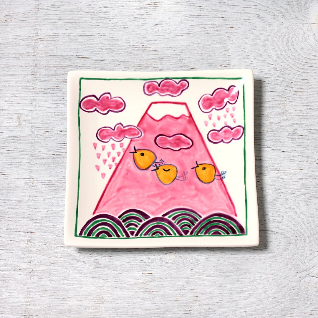 Pop Mt. Fuji and wave zigzag / autumn square plate - 浅碟/小碟子 - 瓷 橘色