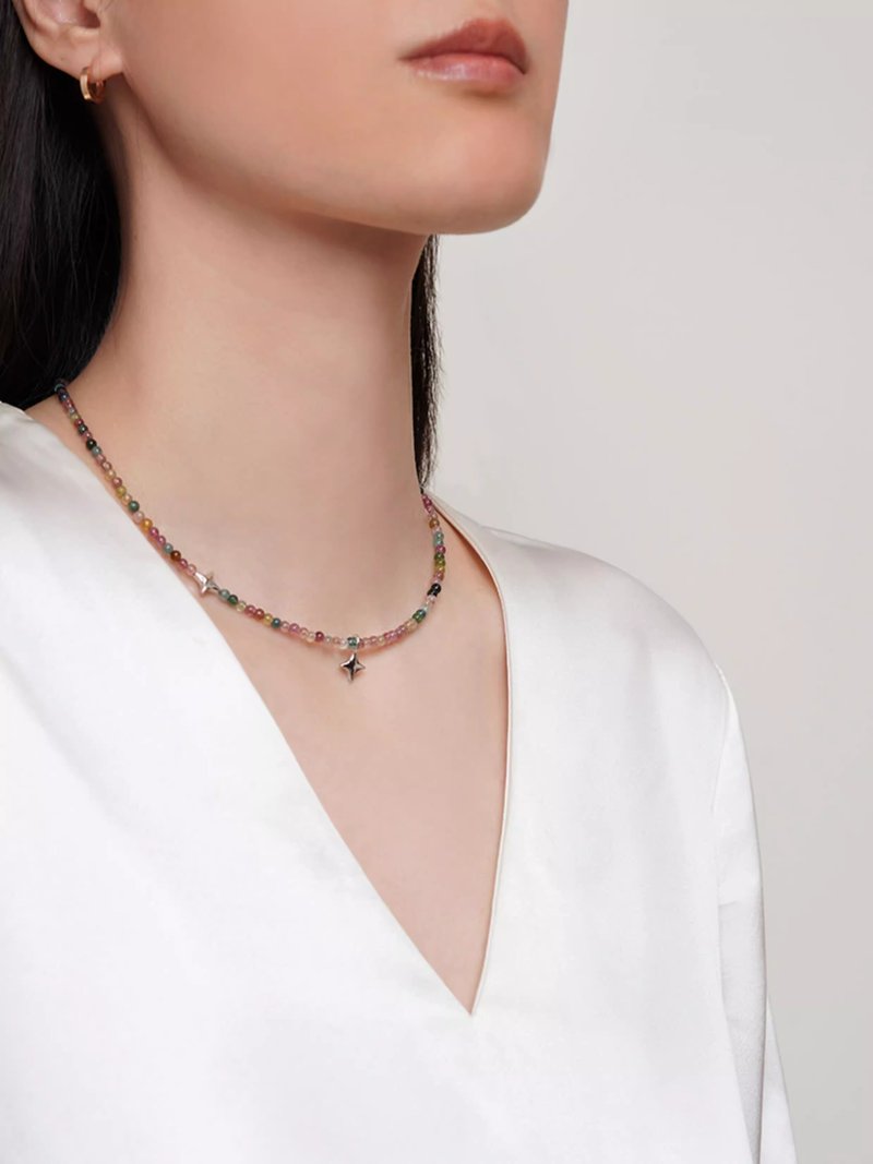 VISHI未时原创新中式天然彩虹碧玺项链925纯银夏日新款串珠锁骨链 - 项链 - 石头 多色