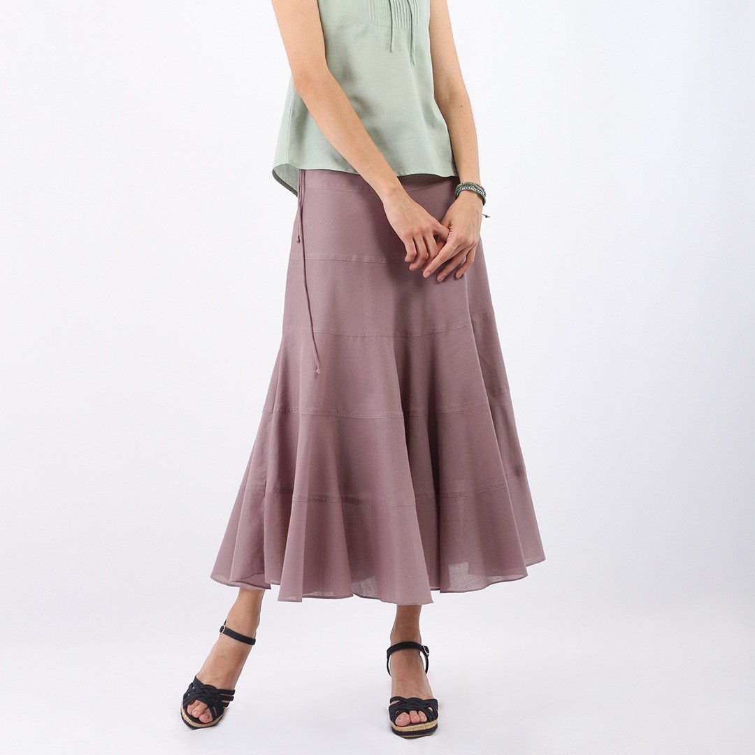 Tiered Cotton Flare Skirt, Brown, Tapue - 裙子 - 棉 咖啡色