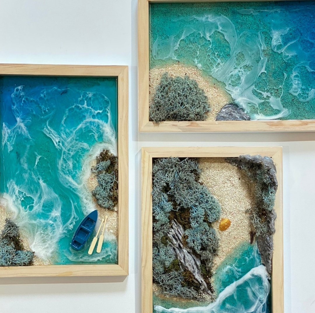 立体海景拼贴挂画-心流艺概念社   # 定制化 # 流动艺术 # 手作 - 摆饰 - 树脂 蓝色