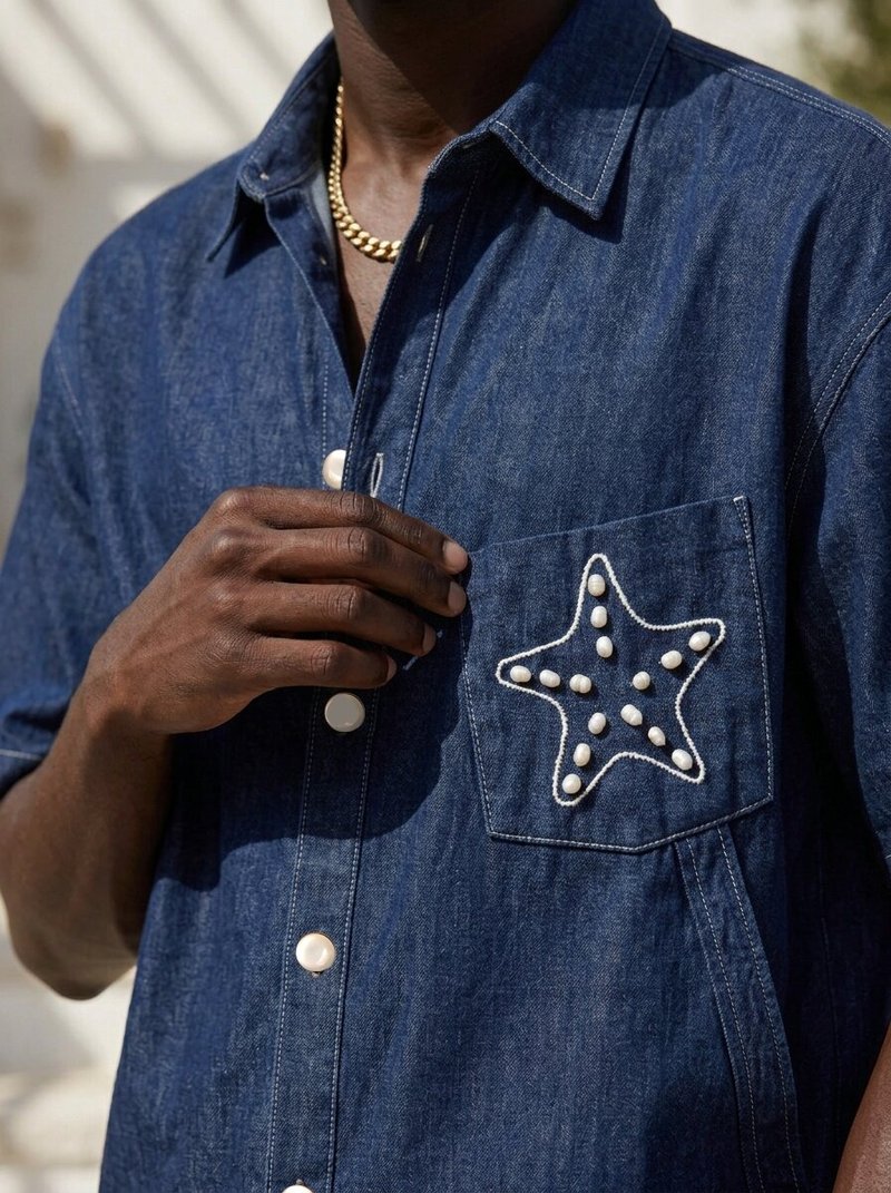 LA ISLAND  职人手作 天然珍珠海星刺绣 丹宁衬衫 - 男装衬衫 - 棉．麻 蓝色
