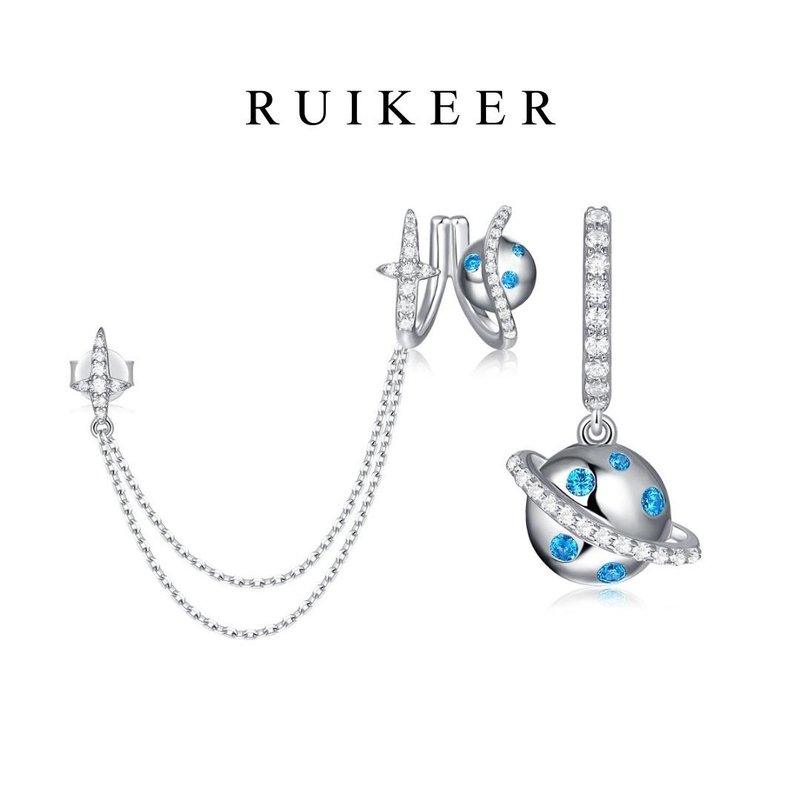 【原创设计】925纯银蓝晶行星不对称耳骨夹耳环 - 耳环/耳夹 - 纯银 蓝色