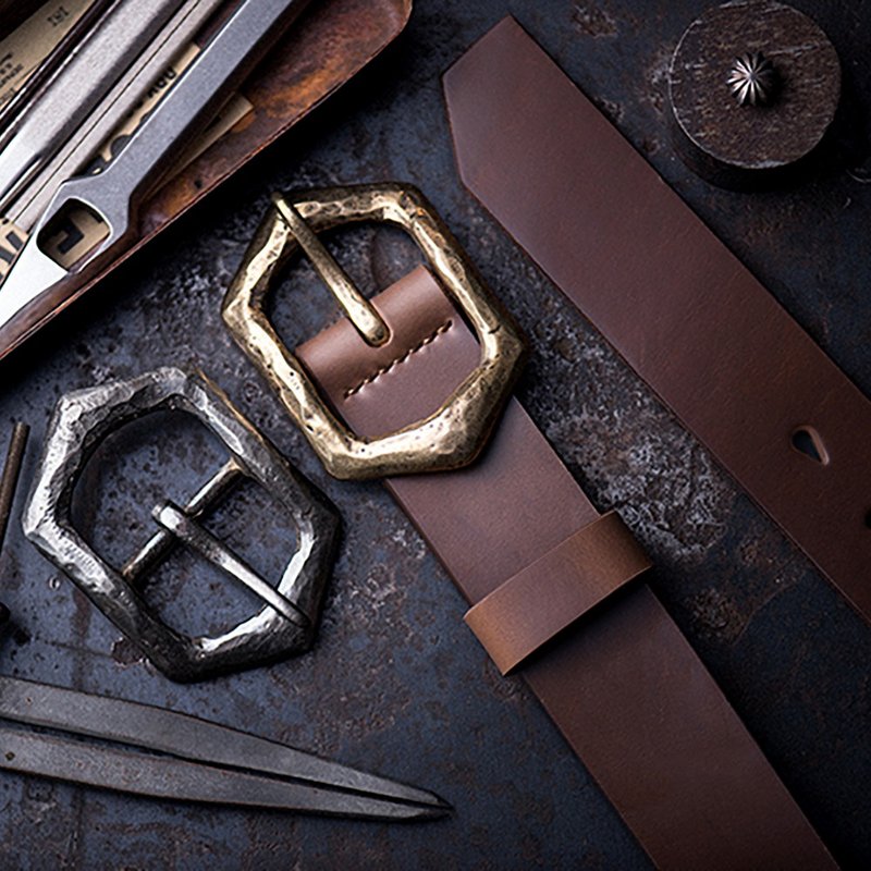 復古手工鍛打銅扣牛皮帶 真皮腰帶 窄版男牛仔褲帶【免費刻英文】 - 皮带/腰带 - 真皮 