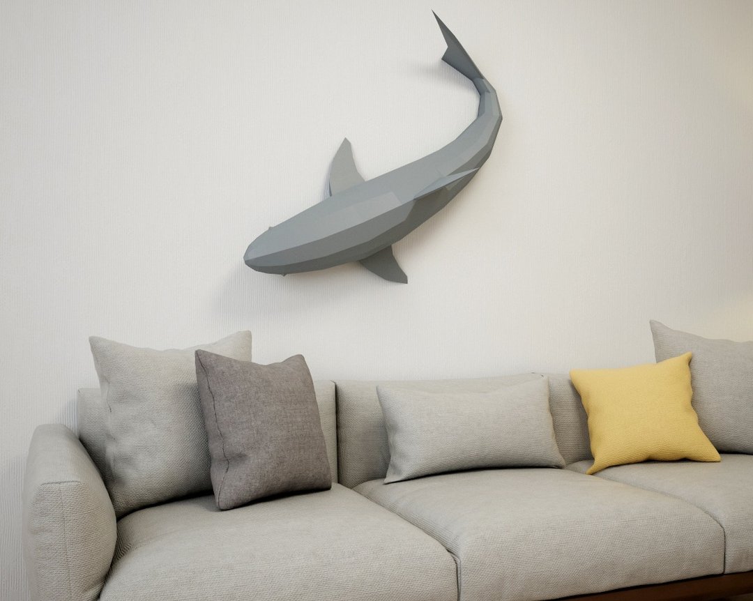 Wall-mount Paper Shark, XXL home decor, Low Poly papercraft, DIGITAL TEMPLATE - 手工艺教程/工具书 - 其他材质 