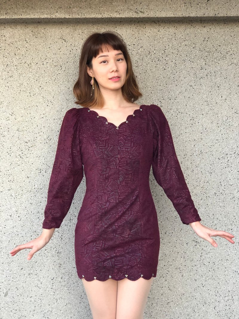 方纹碎钻边小洋装 - 洋装/连衣裙 - 其他材质 