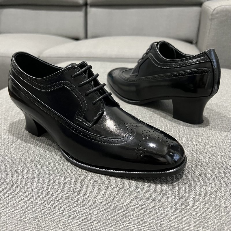 翼纹雕花德比淑女鞋　高跟款 - 女款牛津鞋/乐福鞋 - 真皮 黑色