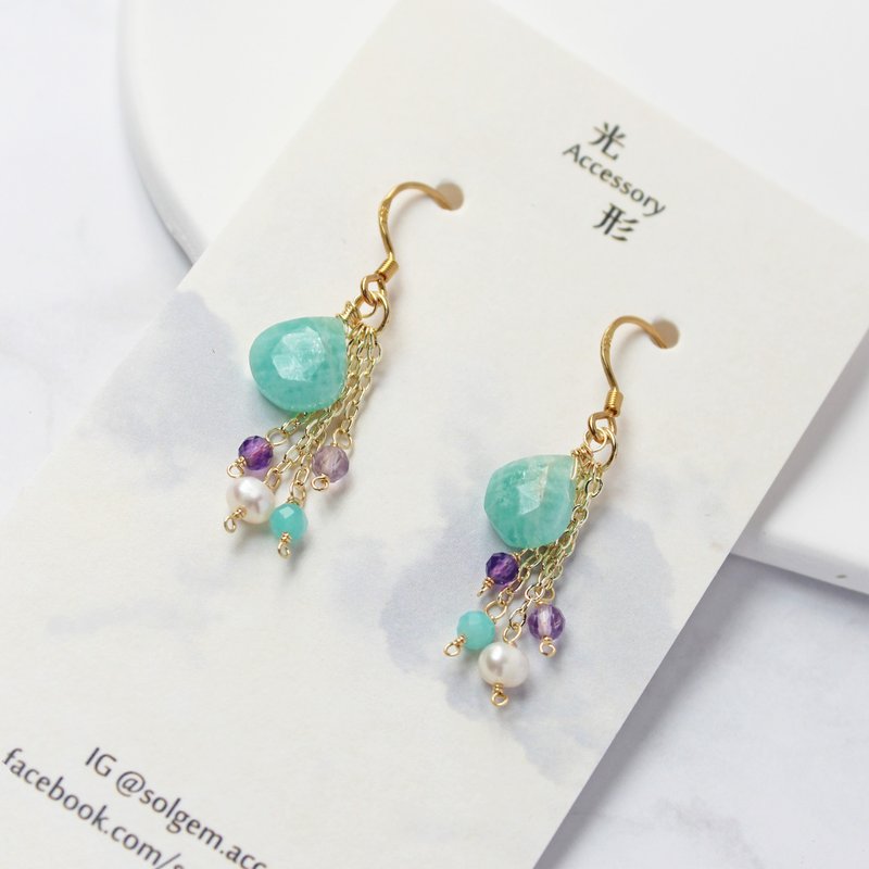 亚马逊石(天河石) 紫水晶 淡水珍珠 925银耳勾 耳环 - 耳环/耳夹 - 半宝石 蓝色