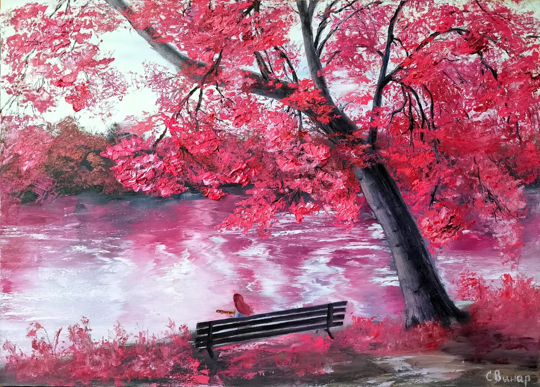 Impasto Art Original large Oil Painting Bright Landscape Girl Guitar Svinar Oksa - 其他 - 其他材质 多色