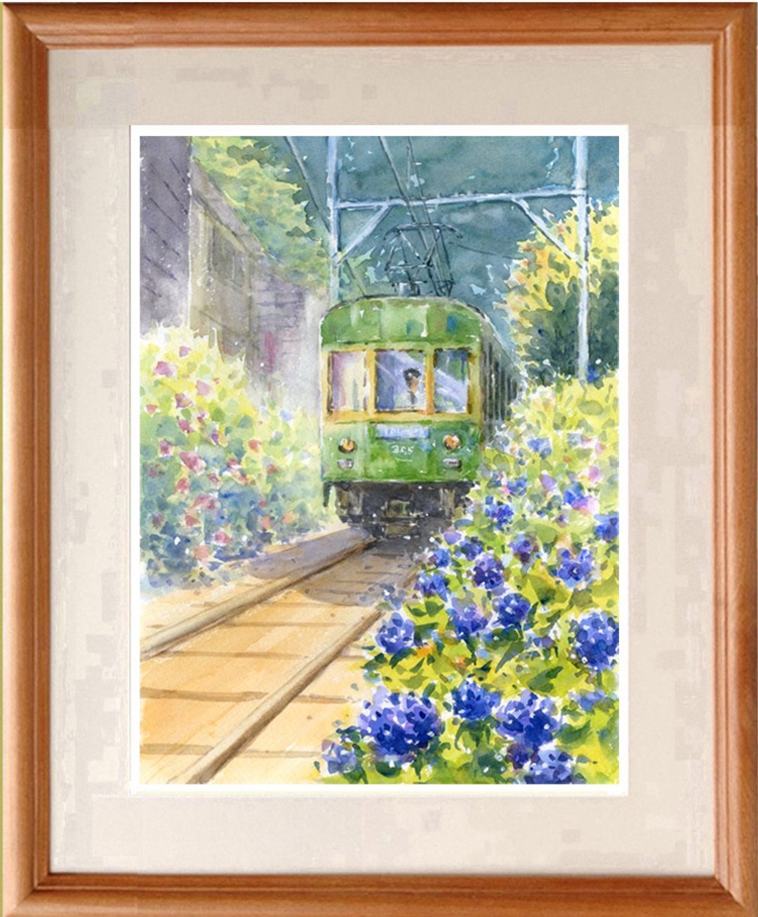 定制原创水彩画绣球花和火车 - 海报/装饰画/版画 - 纸 绿色