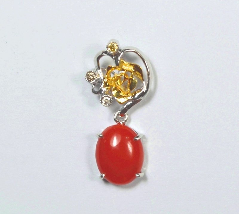 天然红珊瑚钻石白K金墬子 - 项链 - 半宝石 红色