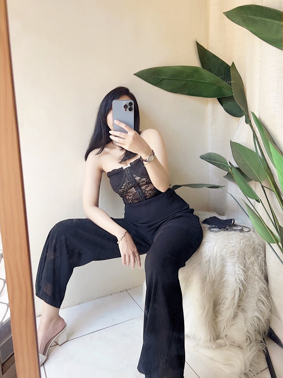 暗夜墨黑细直压纹素面 古着纺纱压纹薄料长裤宽裤 pants vintage - 女装长裤 - 聚酯纤维 黑色