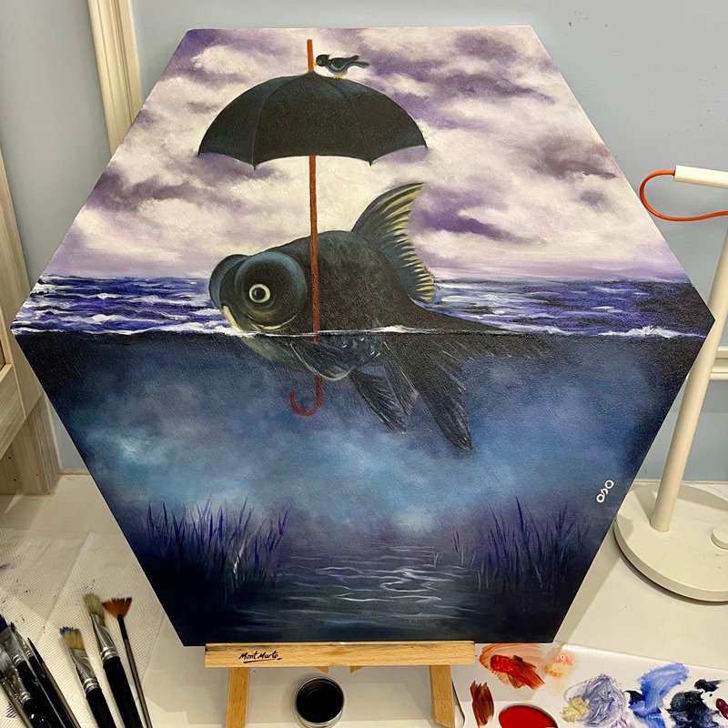 王咖咖 油画-鱼儿之上疫情之下-六角画布 60cm - 海报/装饰画/版画 - 颜料 蓝色
