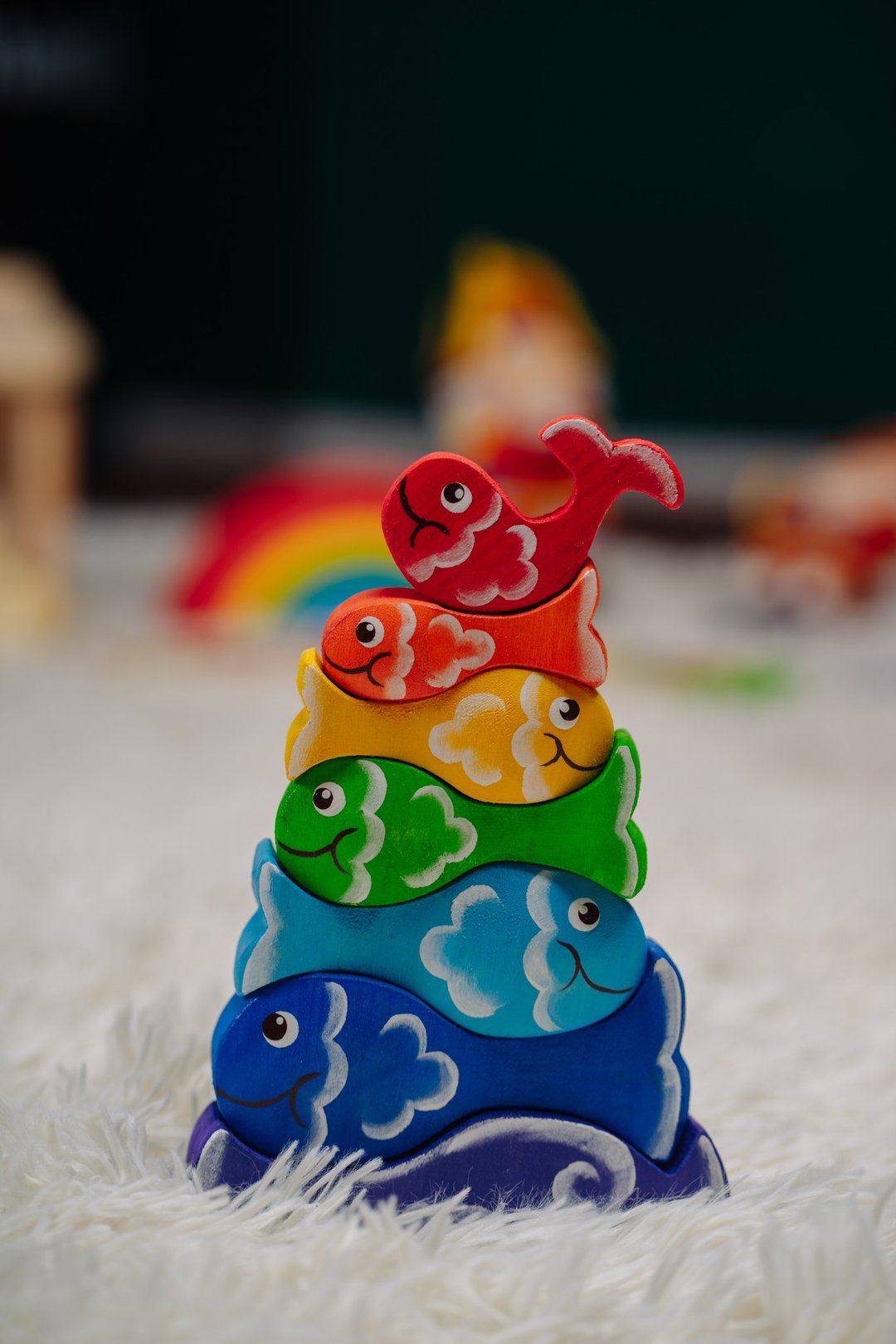 Wooden Stacking Toy: Rainbow Fishes&Water Pyramids , Stacker toy Montessori - 玩具/玩偶 - 木头 多色
