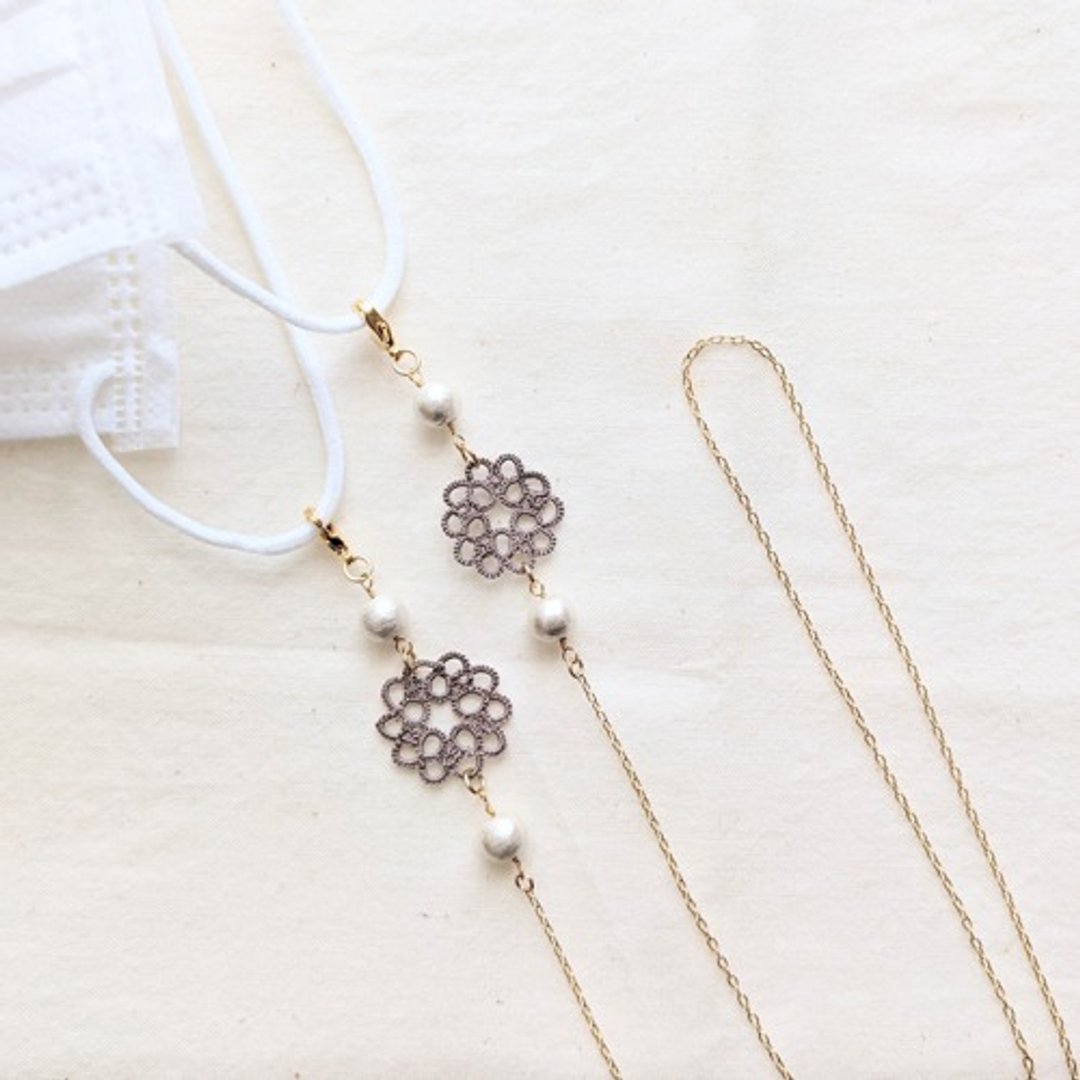 [With glasses parts] Tatting lace and cotton pearl mask strap Brown - 挂绳/吊绳 - 棉 咖啡色