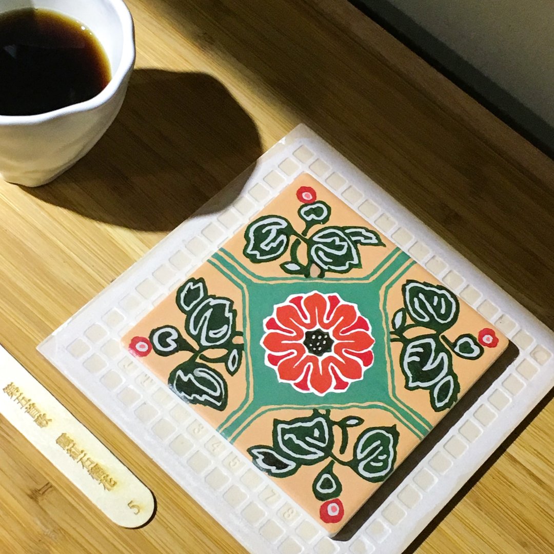 05霞红石榴花 花砖吸水杯垫 (台湾花签#05) - 杯垫 - 陶 橘色