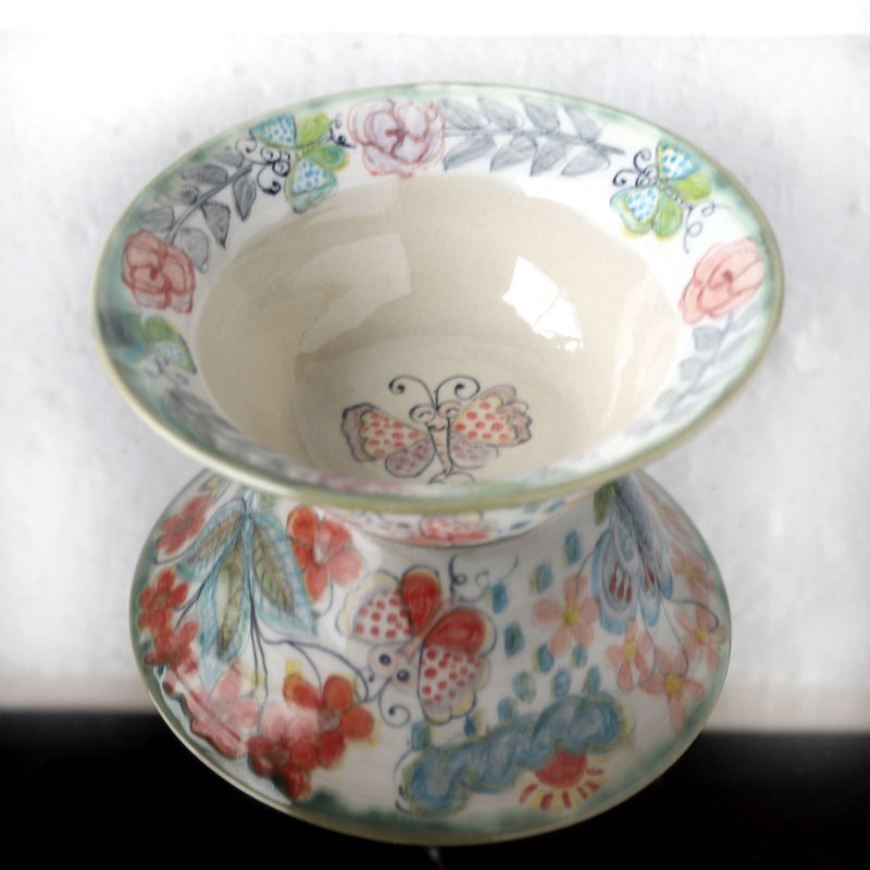 花与蝴蝶手绘宽边大钵 陶制深盘 - 盘子/餐盘/盘架 - 瓷 多色