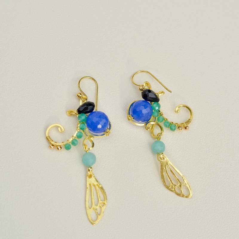 独特手工黄铜线耳环  配天然石饰 4 - 耳环/耳夹 - 铜/黄铜 金色