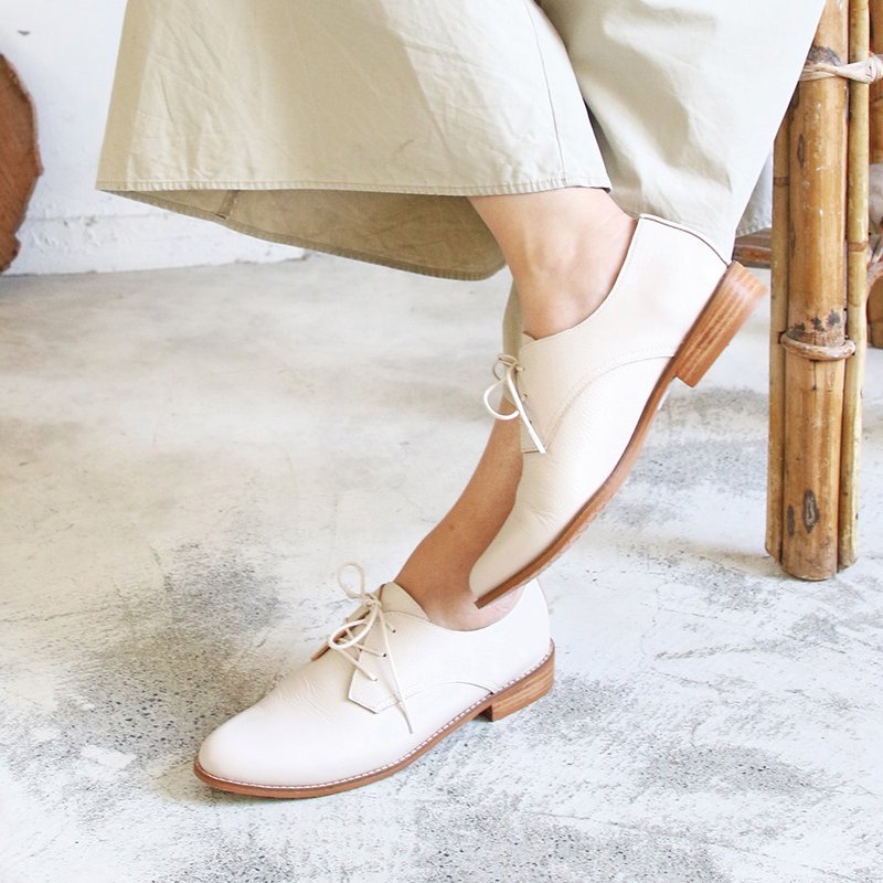 【接单手工制】改版款_脚型更修长经典德比鞋_米白 - 女款牛津鞋/乐福鞋 - 真皮 白色