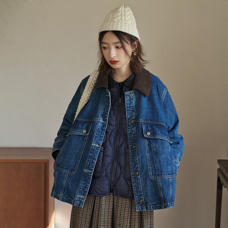 灯芯绒拼接内胆牛仔外套|外套|上衣|冬款|Sora-1416 - 女装休闲/机能外套 - 棉．麻 蓝色