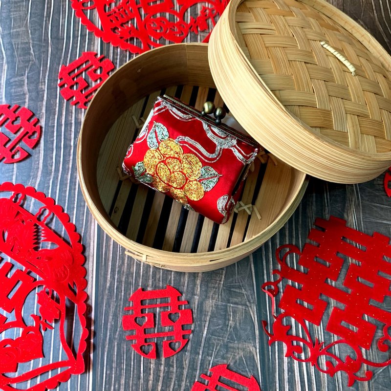 牡丹花开 -- 二手裙褂迷你口金包 - 零钱包 - 棉．麻 红色